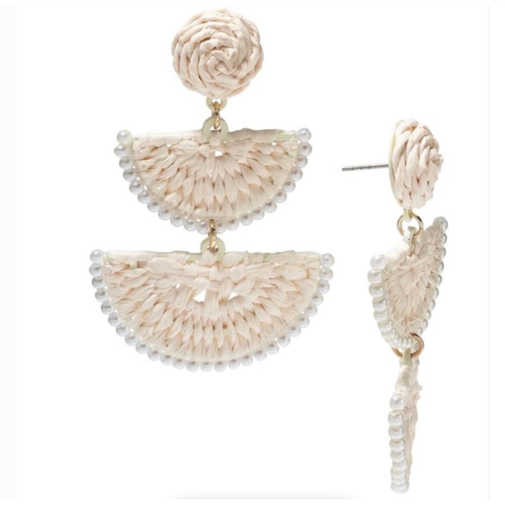 ON 34th Off White Stone Beading Boho Woven Raffia Drop Earrings